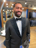 Black Velvet Crystal Studded Peak Lapel +Bowtie