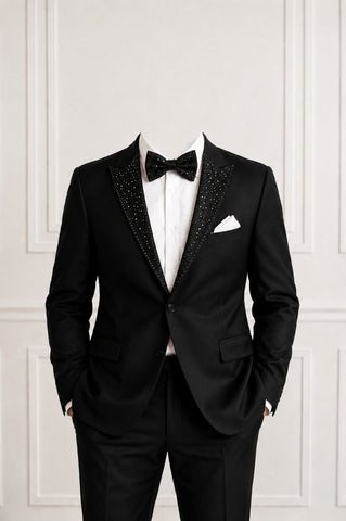 Black Velvet Crystal Studded Peak Lapel +Bowtie