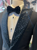 Black Velvet Crystal Studded Peak Lapel +Bowtie